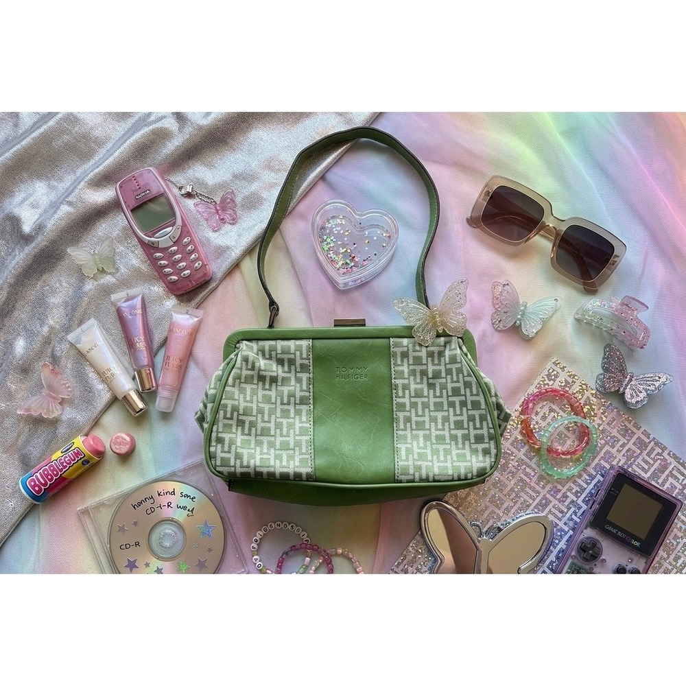 Tommy Hilfiger Vintage Y2K Green Monogram Frame Baguette Shoulder Bag Small